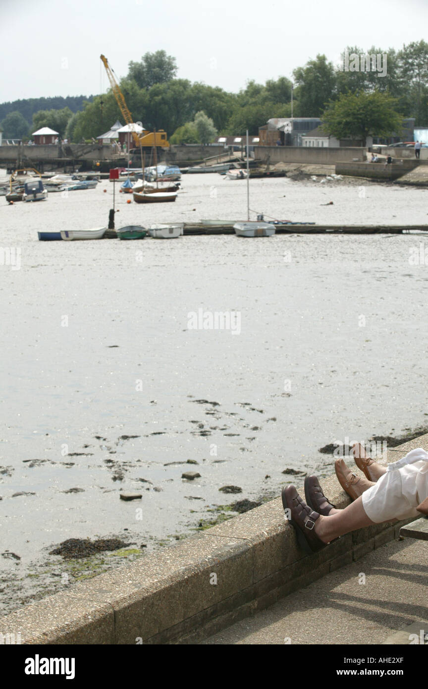 a river landscape scence with hint of feet in bottom corner Stock Photo