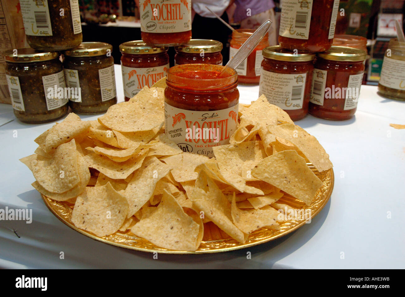 Display of salsa and chips at the Fancy Food Show in NYC Stock Photo