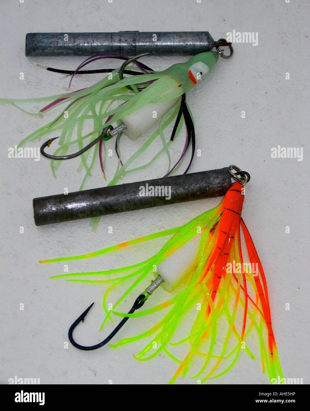 Simple Dink Jig that can be sweetened with a chunk of fresh bait to catch halibut ling cod bottomfish Stock Photo