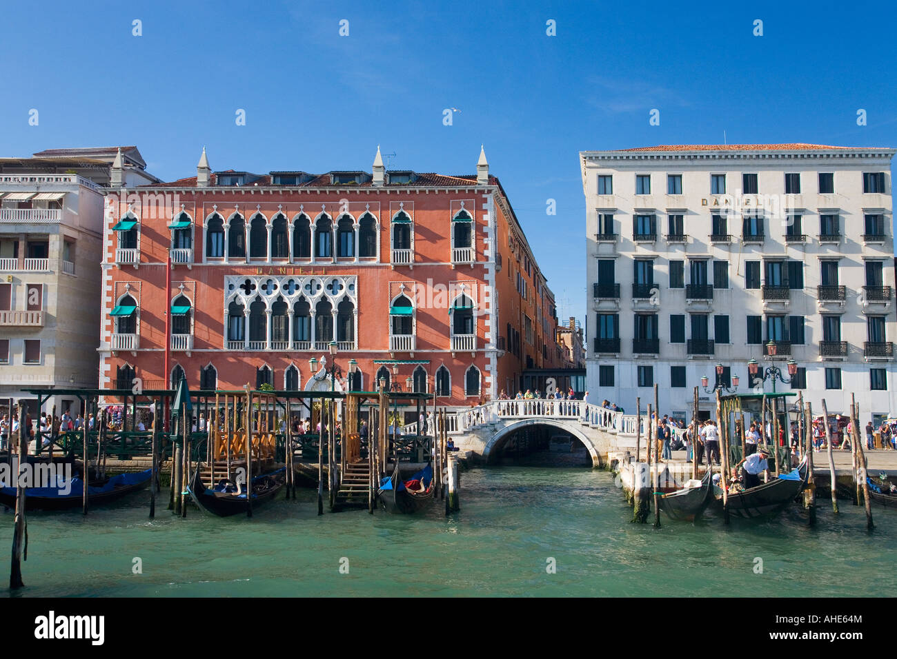 Hotel Danieli Danielli on Riva degli Schiavoni on Grand Canal in summer sun with blue sky Venice Veneto Italy Europe Stock Photo