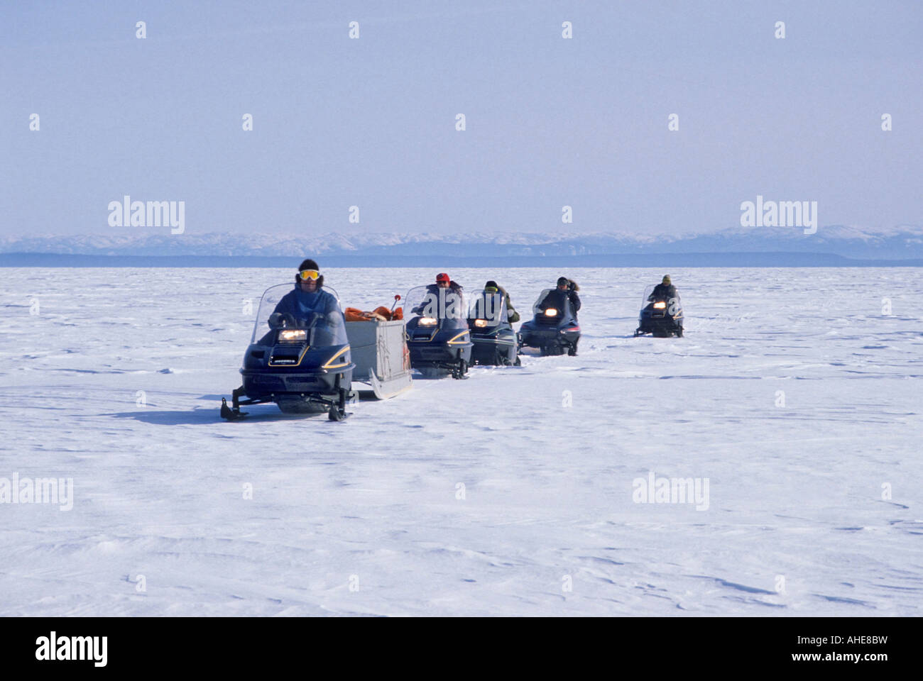 Snowmobiles cross frozen Lake Melville carrying supplies on cargo sleds