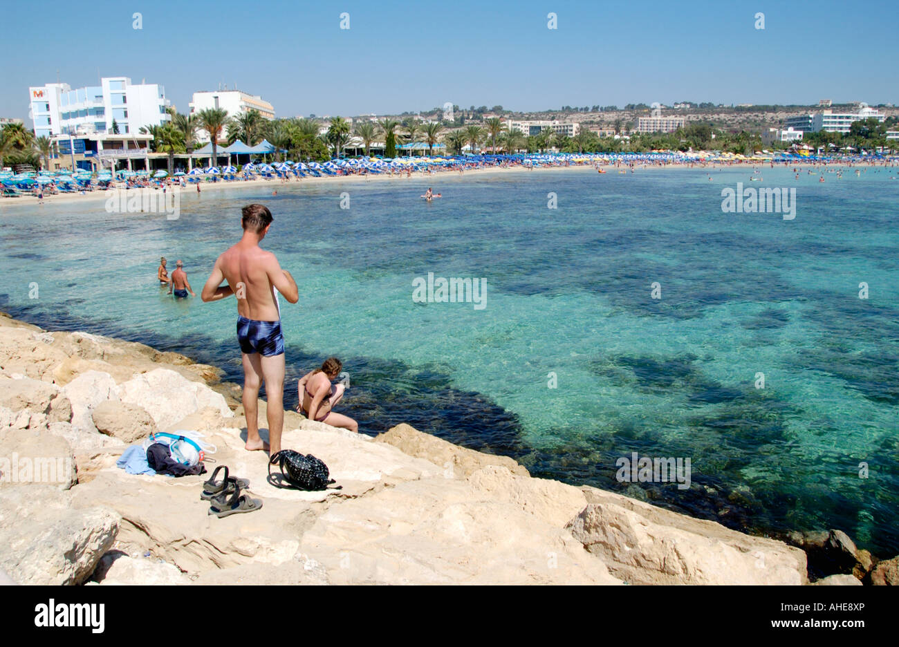 Limanaki Beach next to Ayia Napa Harbour on the Mediterranean island of ...