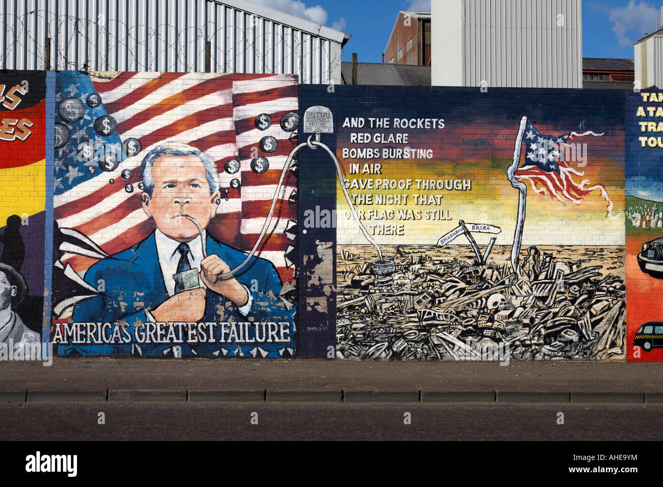 International wall murals in the republican falls road area of west belfast Northern Ireland . This mural is an anti George Bush Stock Photo