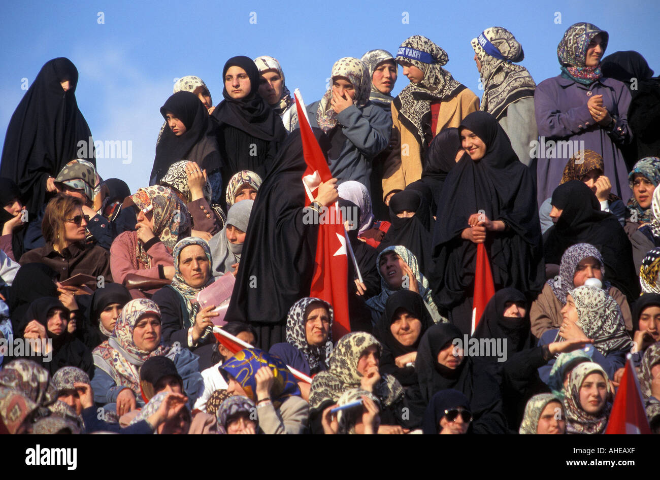Veiled Islamic women in religious political party meeting, Istanbul Turkey. Stock Photo