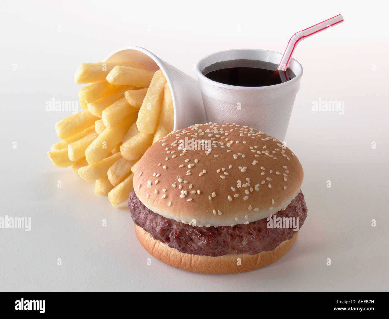 Hamburger French fries and a coke on a white background editorial food