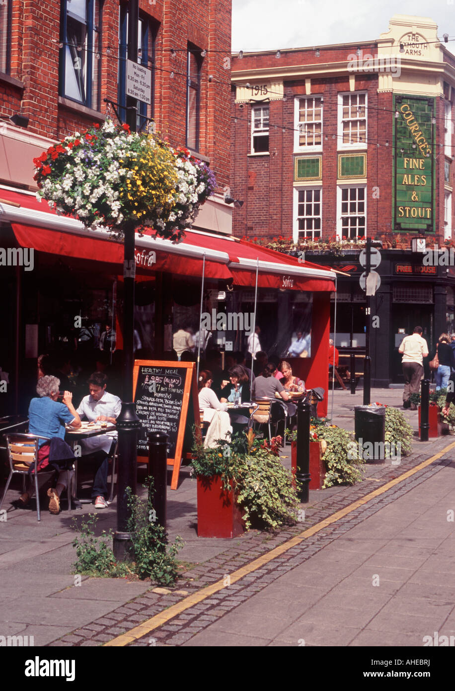 Diners at an outdoor restaurant in Exmouth Market, Clerkenwell, London