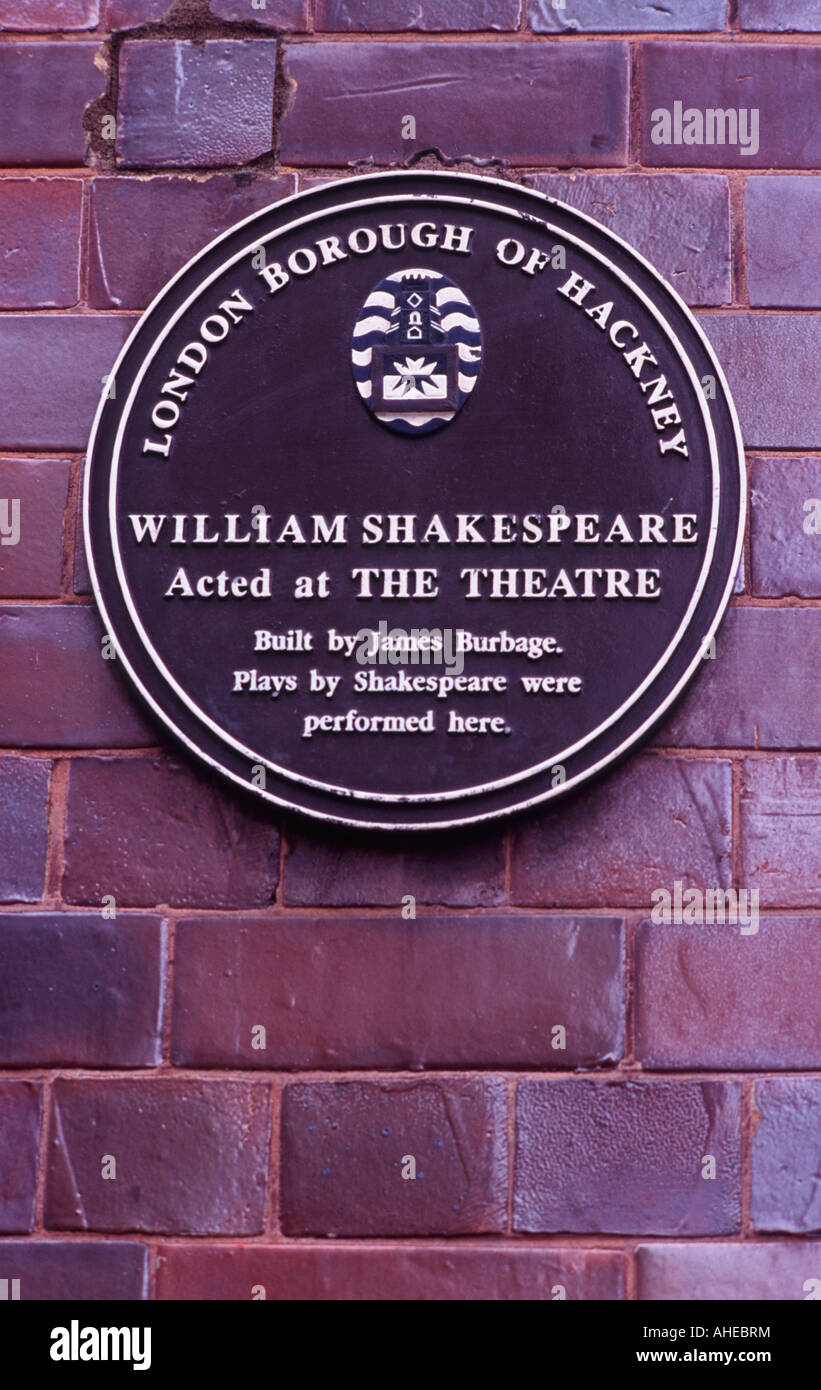 Plaque: William Shakespeare acted on this site at The Theatre — the first London building devoted to the performance of plays Stock Photo