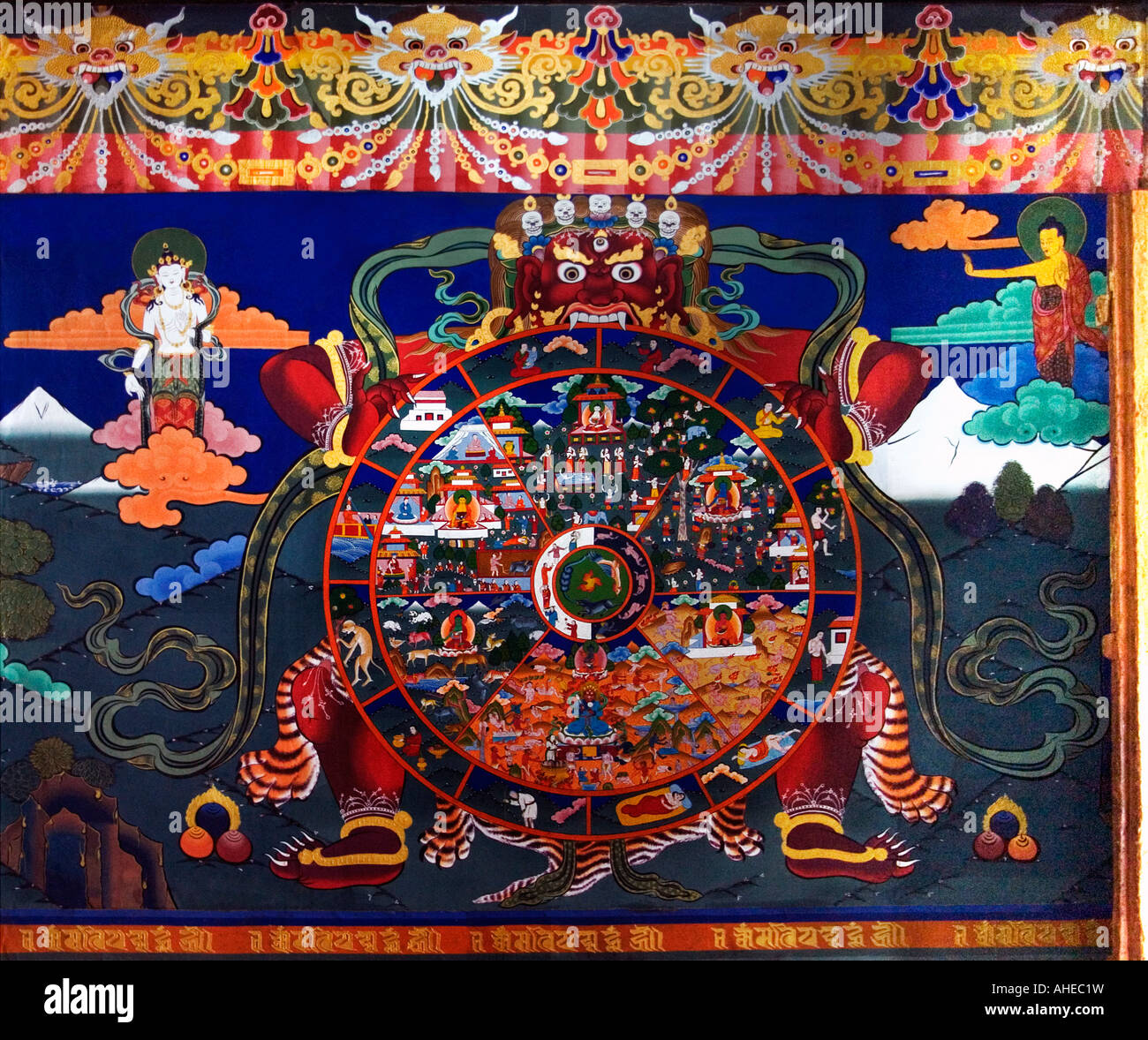 Channa Dorji traditional mural of a wrathful Buddhist deity Paro dzong Bhutan Stock Photo