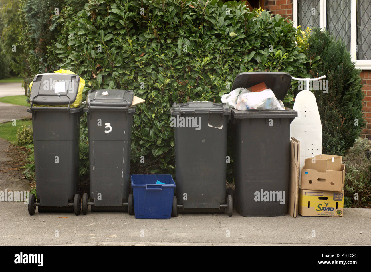 Row of wheelie bins on the pavement of a UK street waiting to be