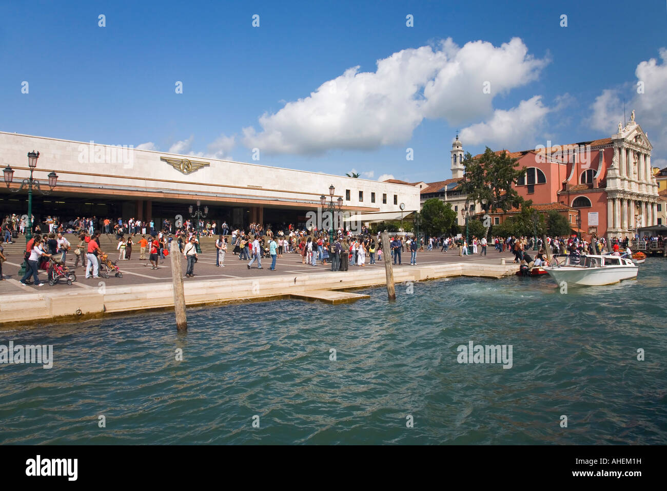 Santa Lucia Ferrovia Train Railway Station and grand canal on sunny summers day Venice Veneto Italy Europe Stock Photo