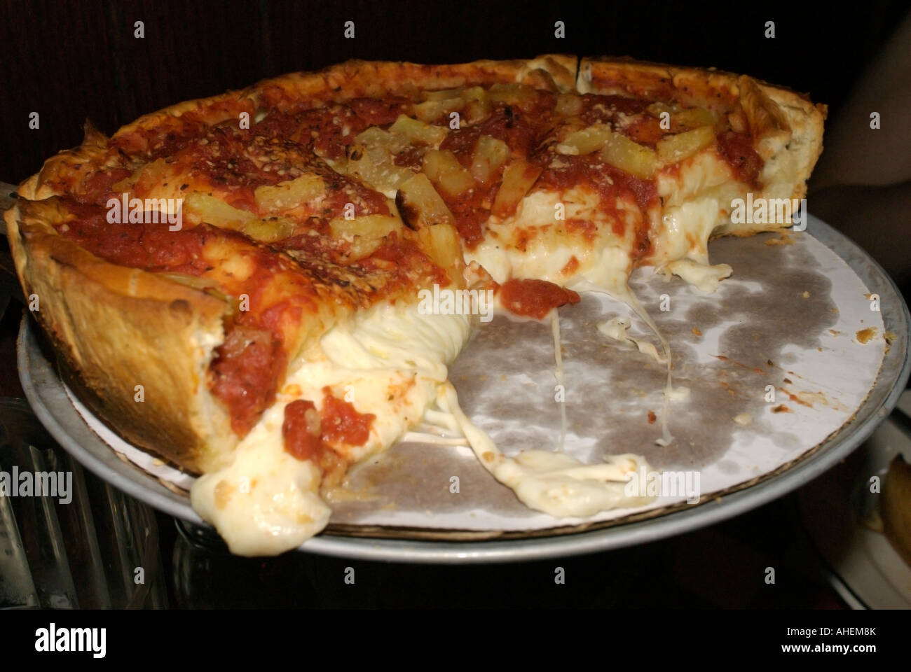 Deep dish Chicago style pizza at Giordano's Restaurant and Pizzeria in Chicago, Illinois, USA Stock Photo