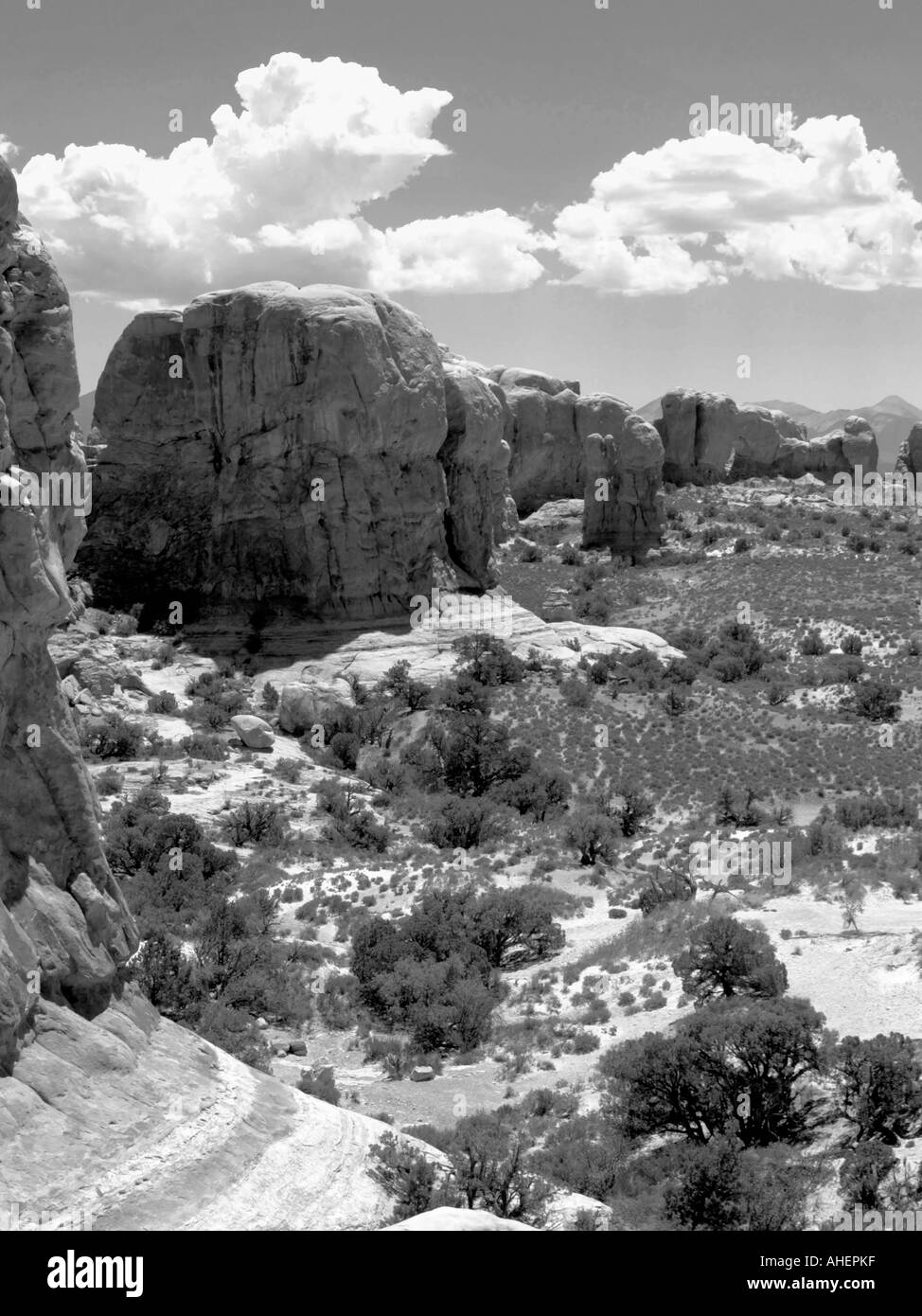 Massive red rock formations and chaparral in the summertime at Arches National Monument in southeastern Utah Stock Photo