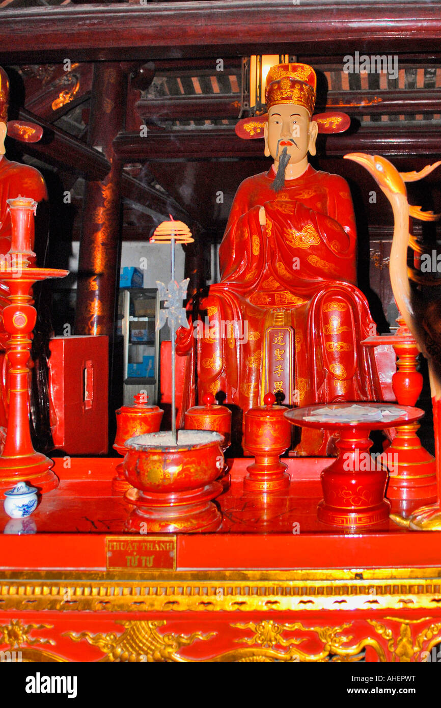 Asia Far East Vietnam , Hanoi , Temple of Literature interior , altar with traditional representation of Confucius Stock Photo
