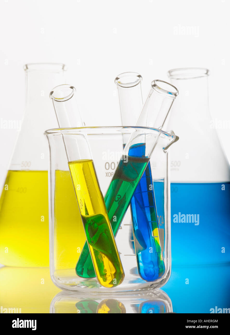 Test tubes and flasks with colorful solutions Stock Photo - Alamy