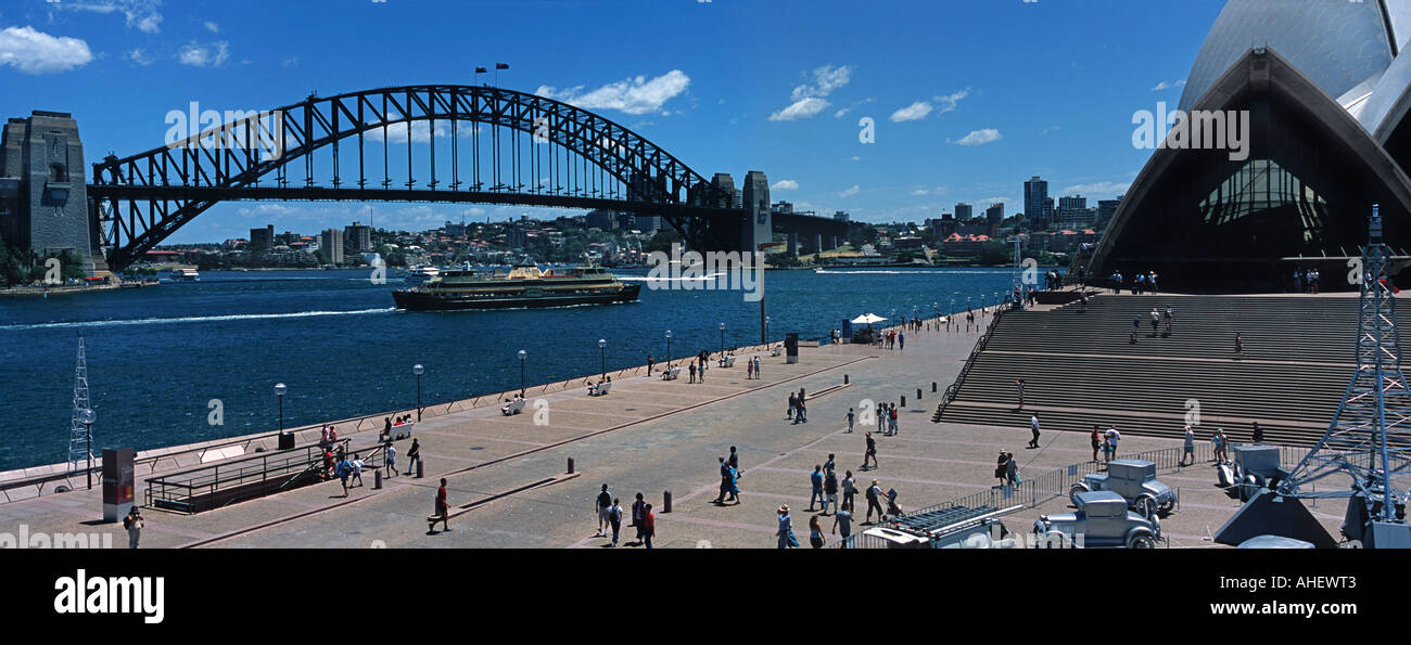 Panoramic view towards Sydney Harbour Bridge Opera House in the foreground Sydney New South Wales Australia Stock Photo
