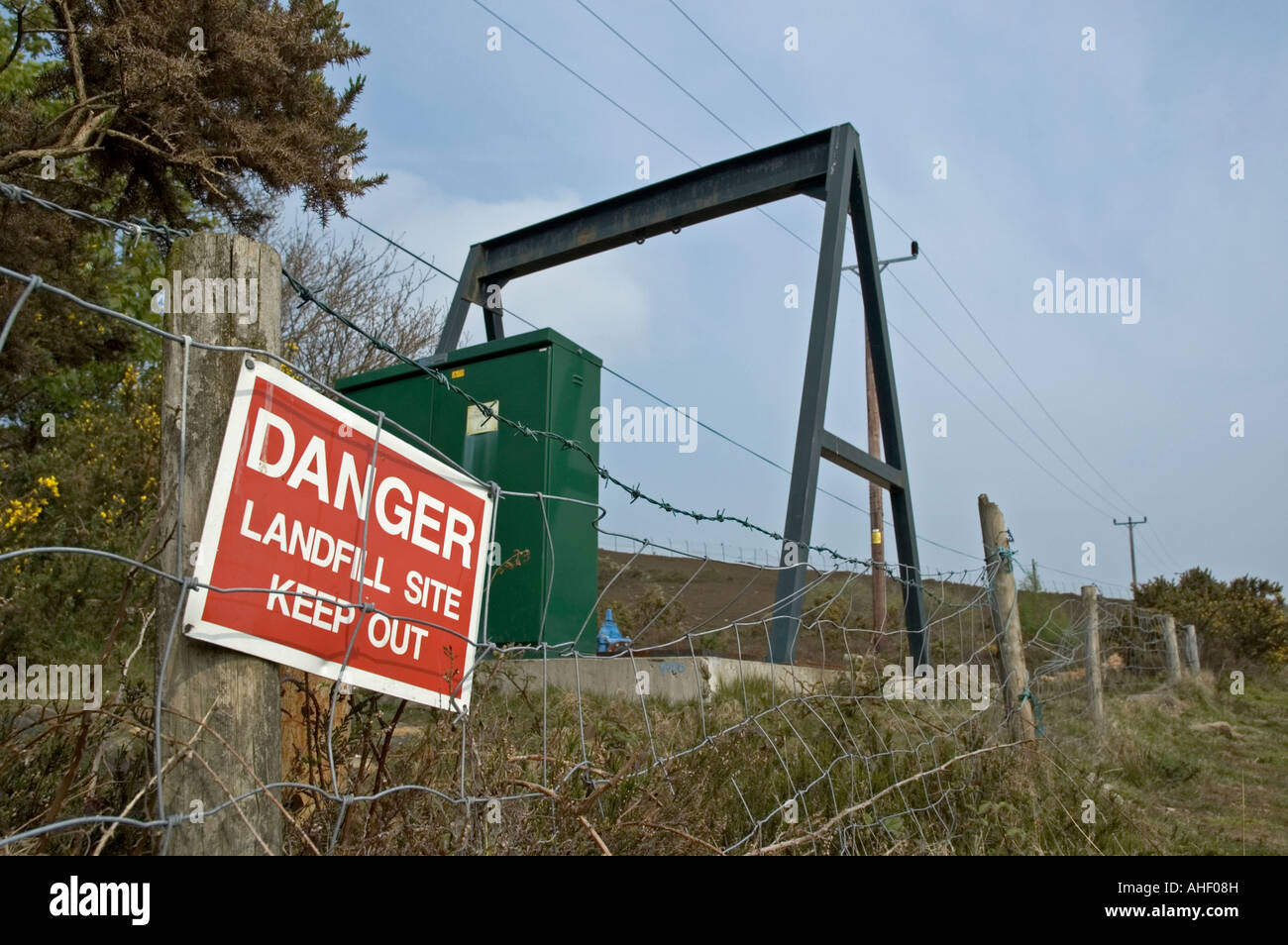 a keep out sign on a land fill site near redruth in cornwall, england Stock Photo