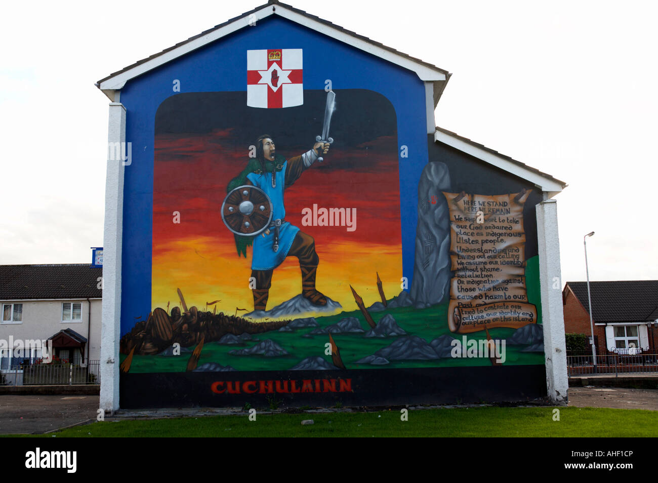 This mural depicts the myth the famous ulster warrior Cuchulain who defended the house of Ulster against other four provinces Stock Photo