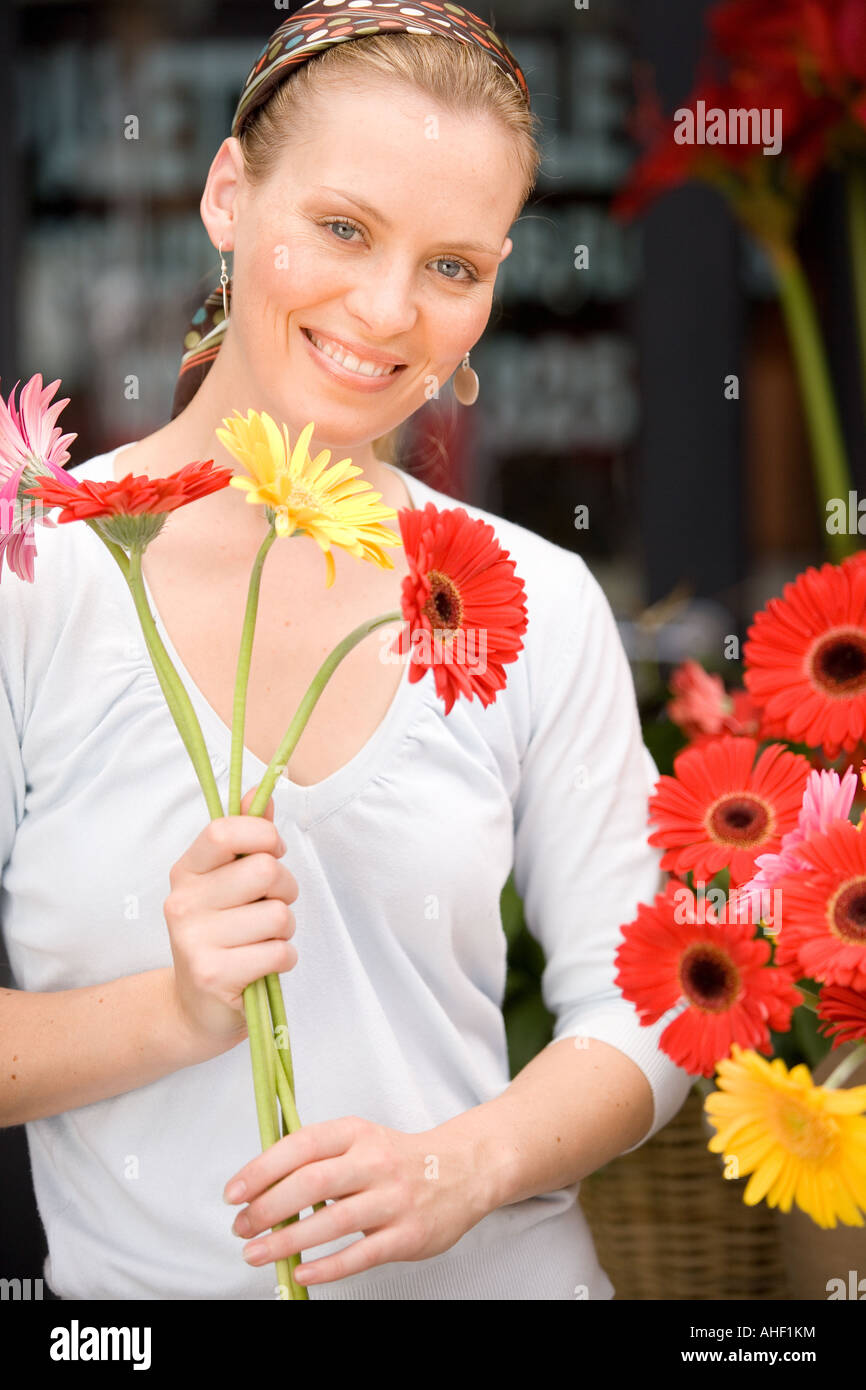woman with a bunch of flowers Stock Photo Alamy