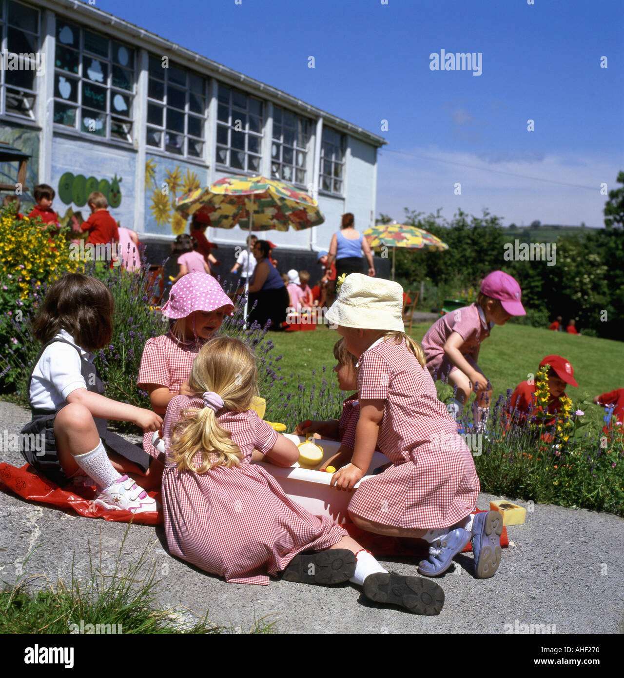 Nursery  children playing outside in garden summer sunshine at a Welsh school in the town of Llandeilo Carmarthenshire (Dyfed) Wales UK   KATHY DEWITT Stock Photo