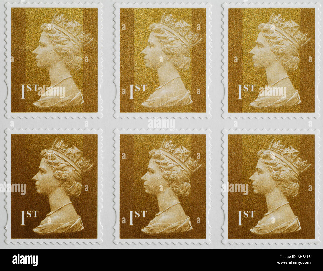 United Kingdom First Class Postage Stamps, Close Up. Stock Photo