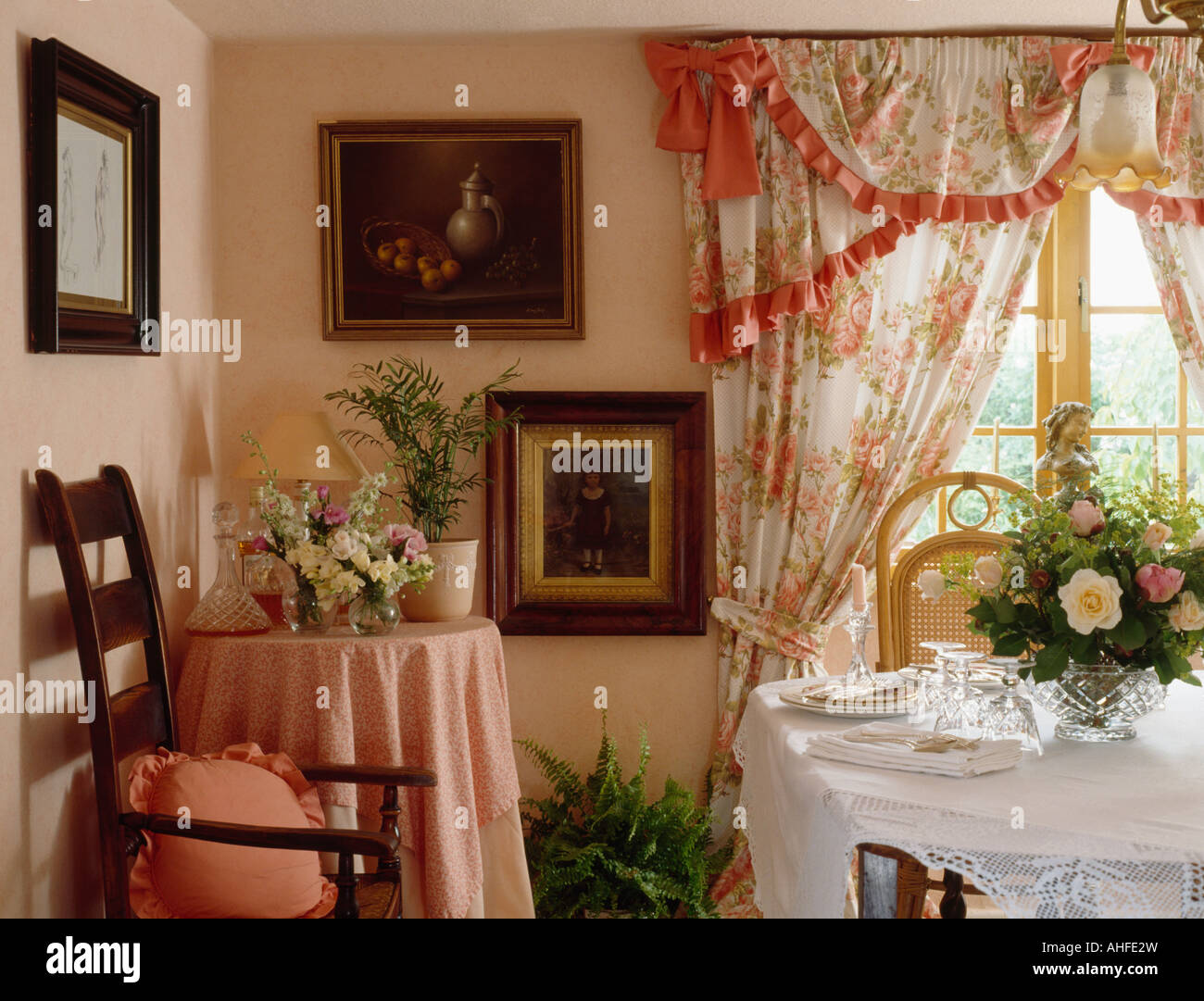 Floral Curtains Edged With Peach Trim In Nineties Dining Room With