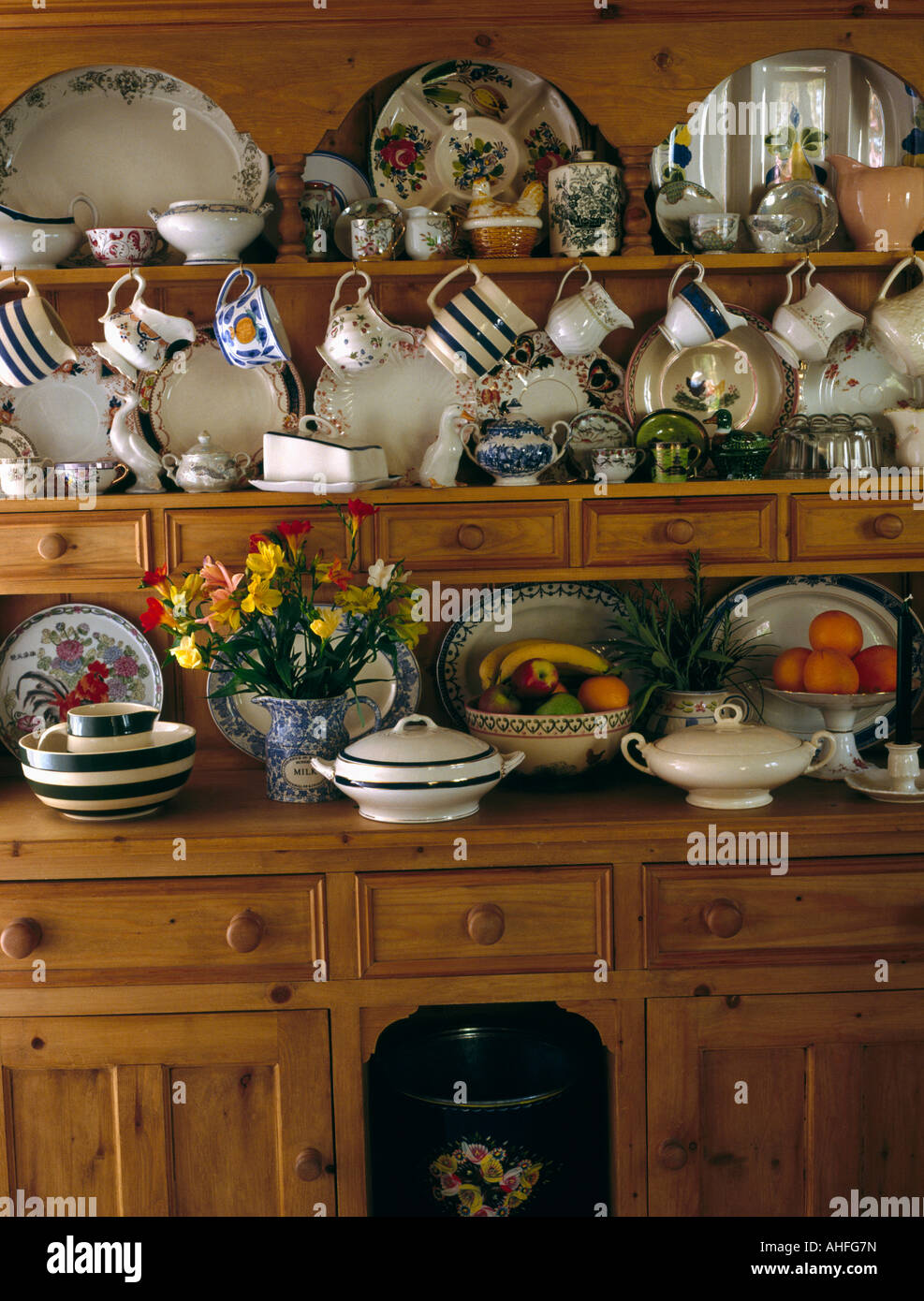 Old china and crockery collection on pine dresser Stock Photo Alamy