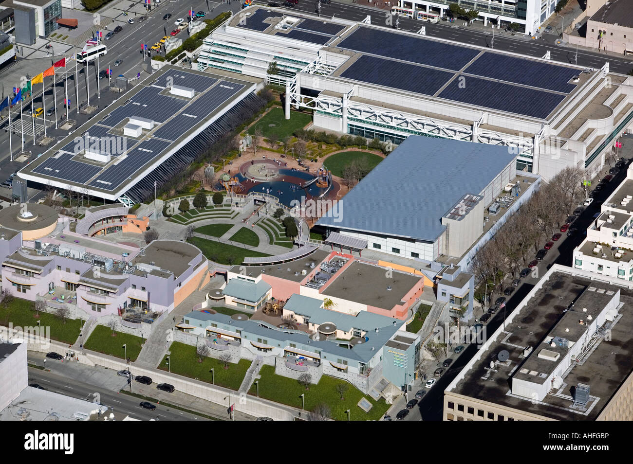 aerial view above Moscone Convention Center San Francisco and Zeum museum Stock Photo