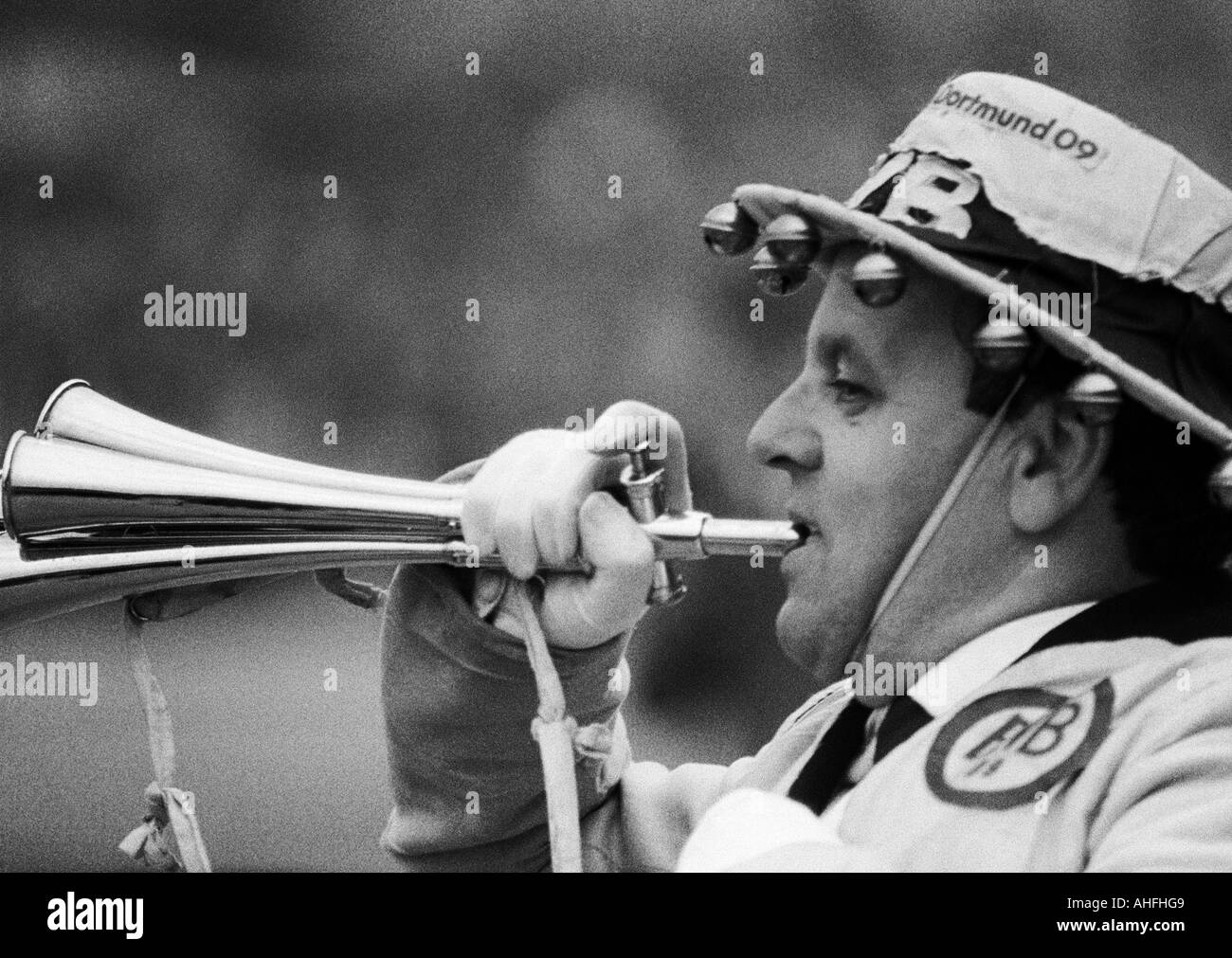 football, Bundesliga, 1965/1966, Borussia Dortmund versus TSV 1860 Munich 0:2, Rote Erde Stadium in Dortmund, Dortmund fan with a trumpet Stock Photo