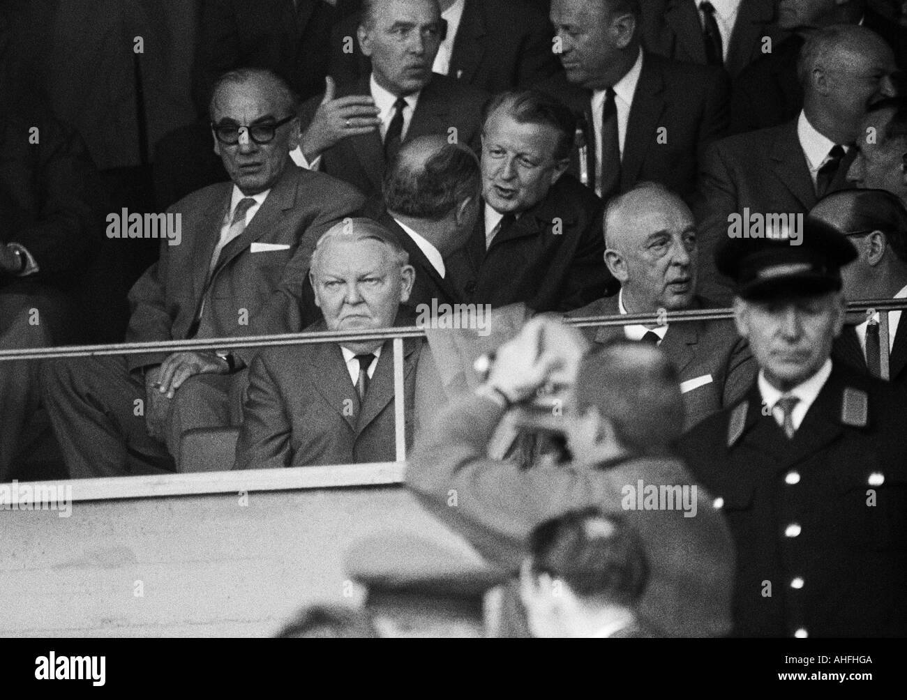 football, Bundesliga, 1965/1966, Borussia Dortmund versus TSV 1860 Munich 0:2, Rote Erde Stadium in Dortmund, crowd of spectators, visitors Ludwig Erhard, chancellor of the Federal Republic of Germany and the President of the German Football Association ( Stock Photo