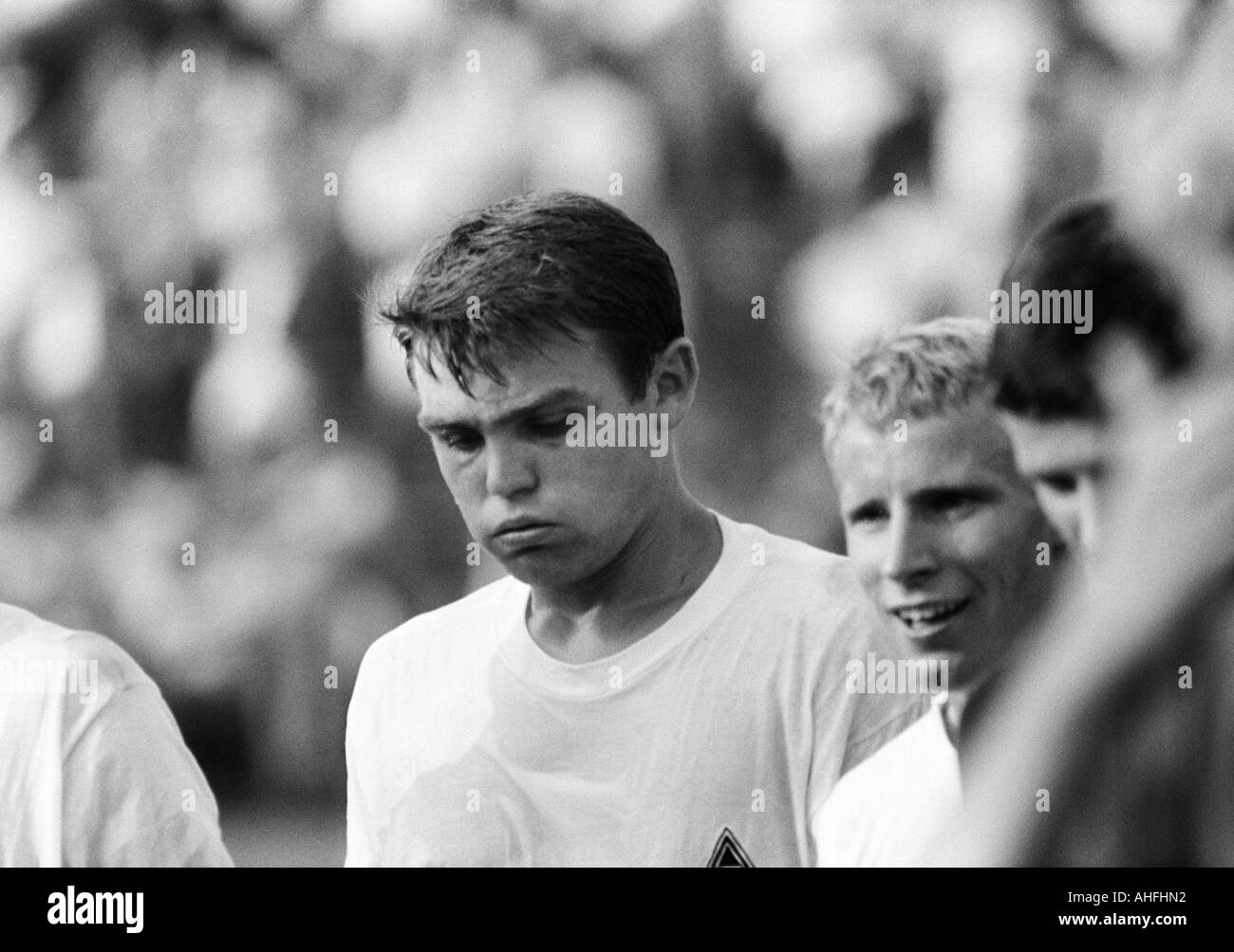 football, Bundesliga, 1966/1967, FC Schalke 04 versus Borussia Moenchengladbach 0:0, Glueckaufkampfbahn Stadium in Gelsenkirchen, football players leaving the pitch, Herbert Laumen (MG, left) and Berti Vogts (MG) Stock Photo