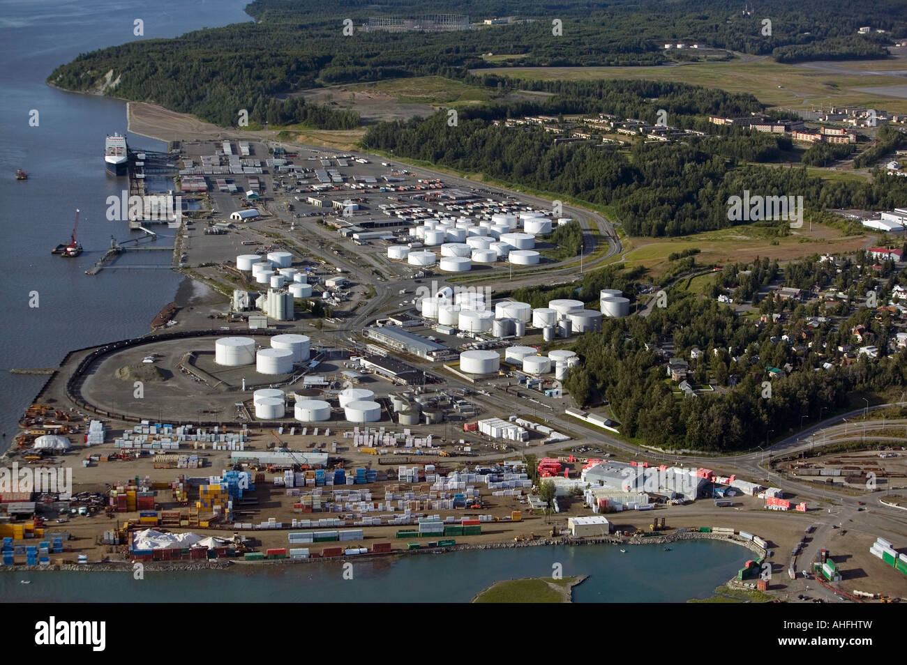 Aerial above Port of Anchorage Alaska oil petroleum storage from above