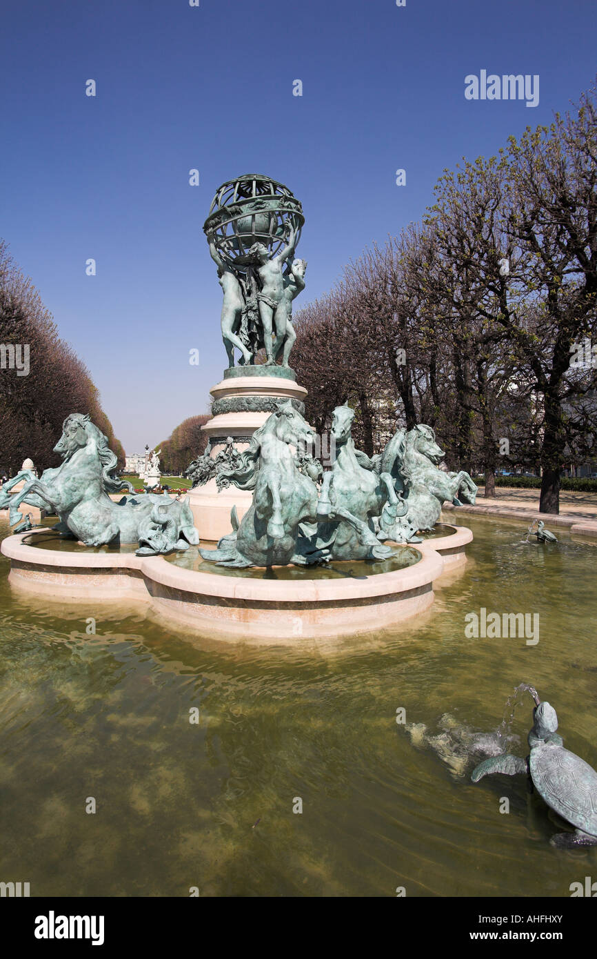 Bronze fountain statue in Marco Polo Garden gardens  jardin Paris France Stock Photo