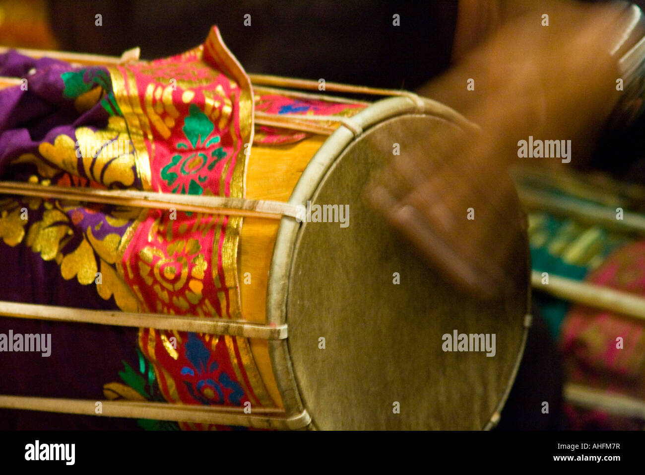 Hand Hitting Gamelan Drum during Dance Performance Ubud Palace Bali Indonesia Stock Photo