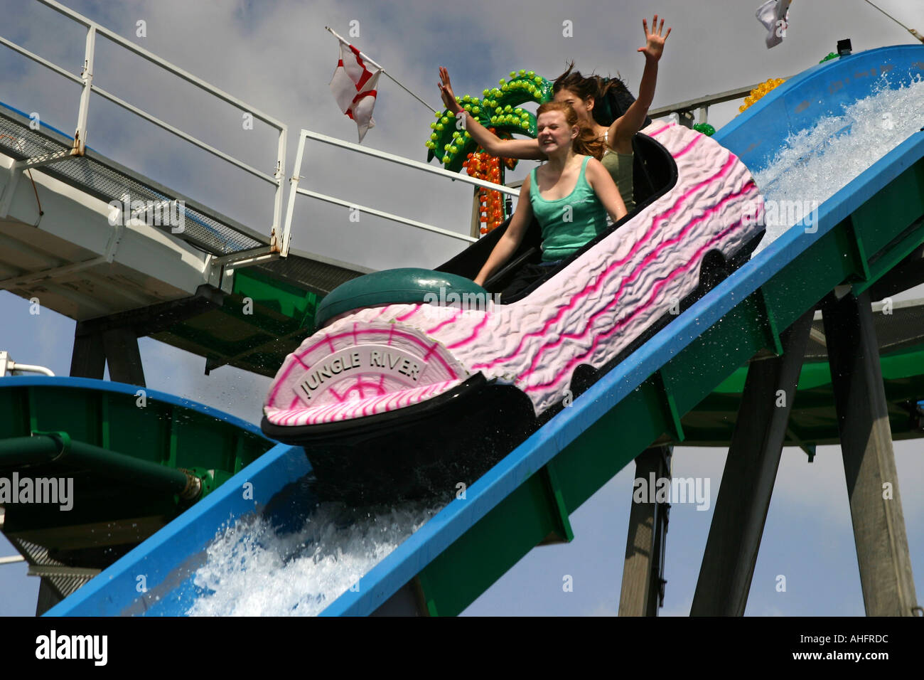 Group in car on water splash ride in funfair at Bridlington North