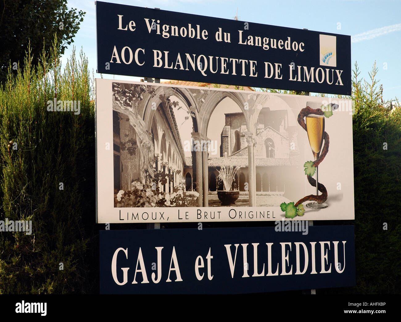 Blanquette de Limoux wine promoted on a sign featuring a vineyard's elegant winery in southern France's rural Aude department Stock Photo