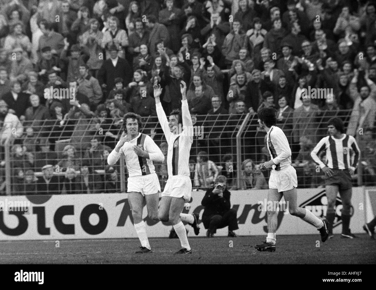 football, Bundesliga, 1972/1973, Boekelberg Stadium, Borussia Moenchengladbach versus Wuppertaler SV 2:1, scene of the match, 1:0 goal to Gladbach, f.l.t.r. Jupp Heynckes (MG), goal scorer Dietmar Danner (MG), Christian Kulik (MG), Erich Miss (WSV) Stock Photo