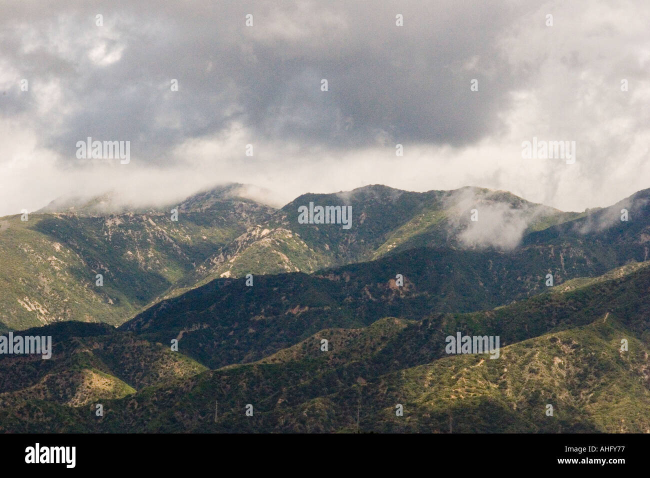 Storm clouds over the San Gabriel Mountains after a sudden spring shower, Pasadena, Southern California Stock Photo