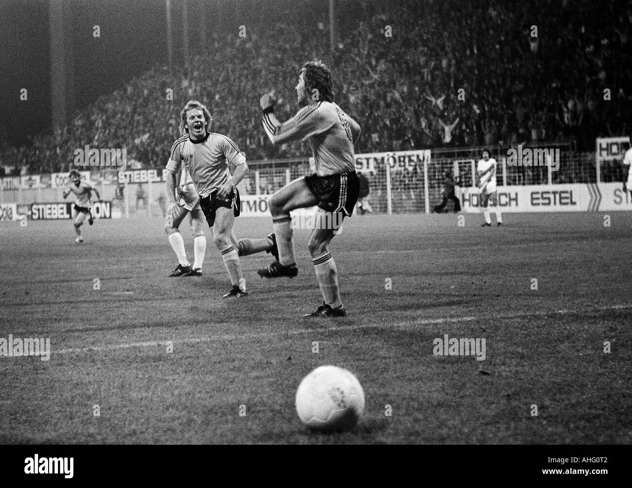 football, second Bundesliga North, 1974/1975, Borussia Dortmund versus Rot-Weiss Oberhausen 4:0, Westfalen Stadium in Dortmund, scene of the match, goal to Dortmund, Dieter Goldbach (left) and Egwin Wolf rejoicing Stock Photo