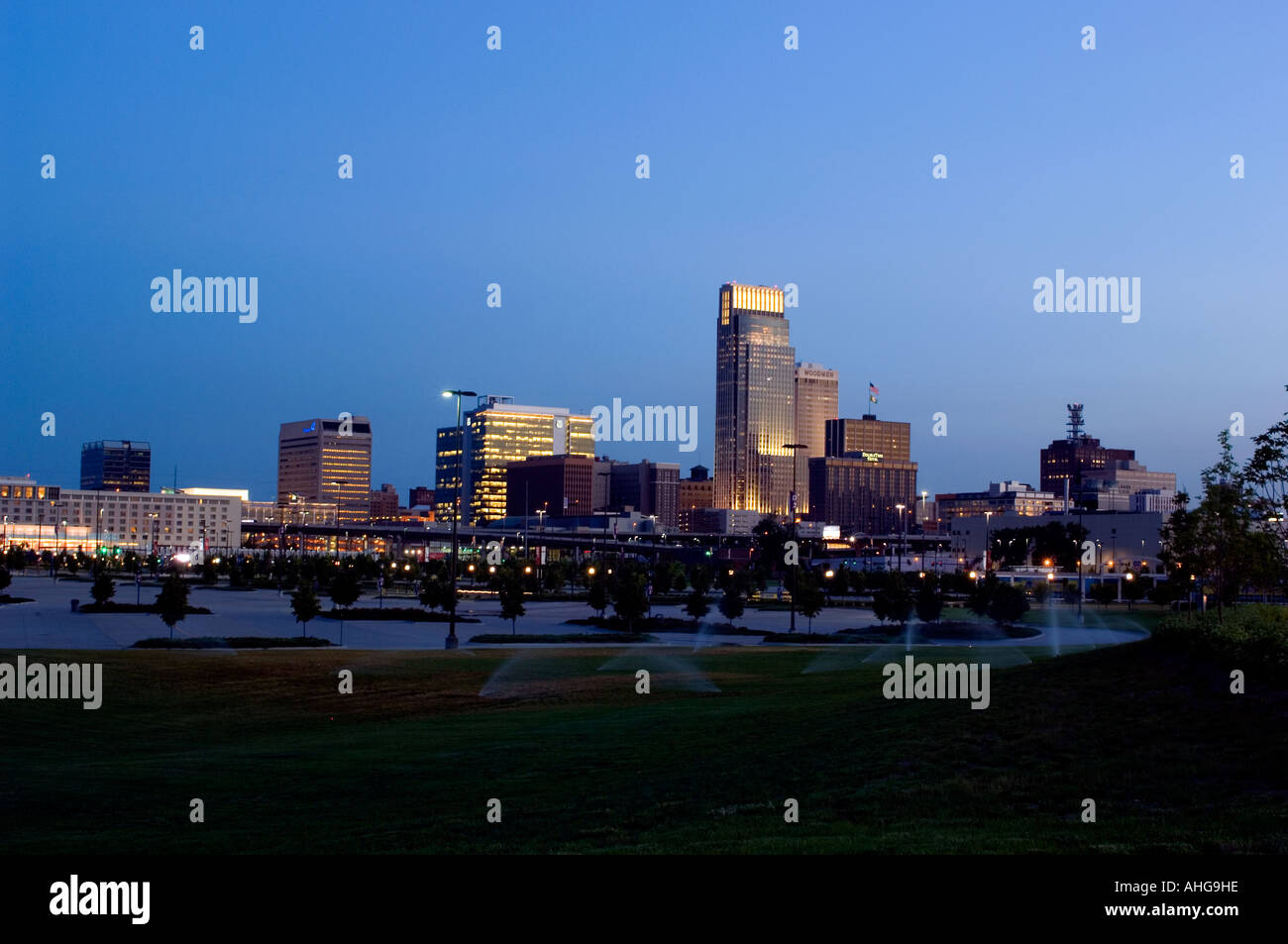 Omaha Nebraska skyline at night Stock Photo Alamy