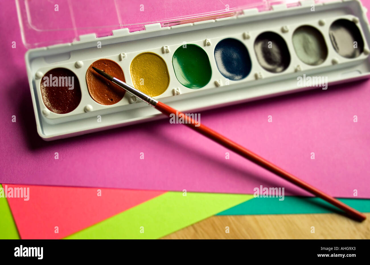 Closeup of watercolor paints school supplies studio still life USA inside Stock Photo