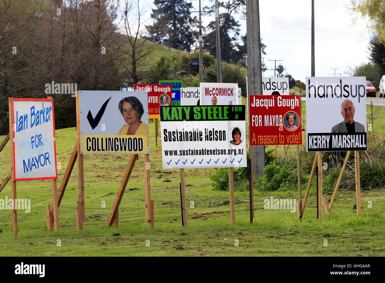 road side posters for candidates in local body elections Nelson New Zealand Stock Photo