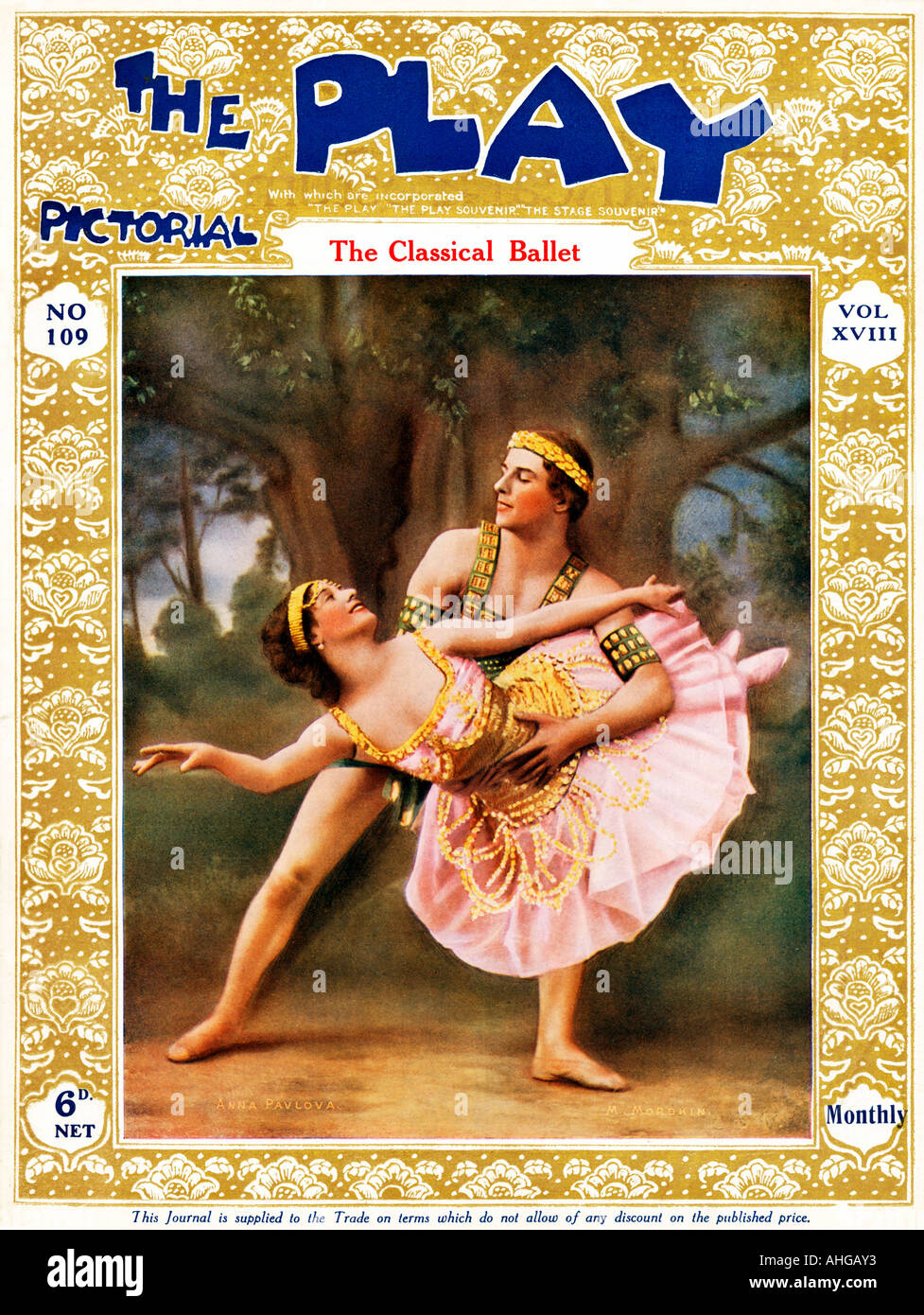 Play Pictorial Legendary Russian ballet dancers Anna Pavlova and Mikhail Mordkin on the cover of the English Theatre magazine Stock Photo