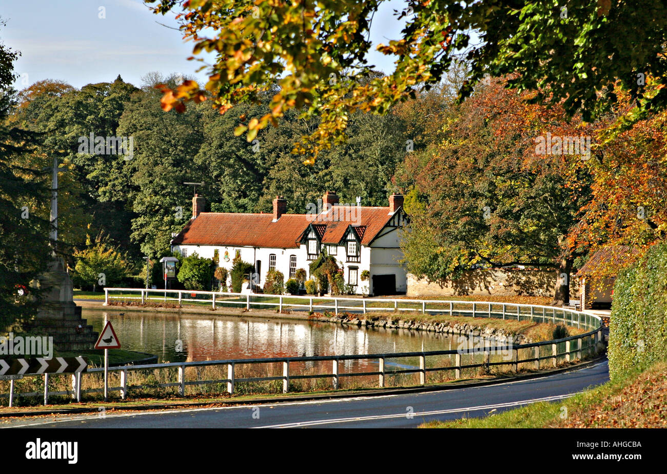 Burton East Yorkshire UK Pond and pub in Autumn Stock Photo