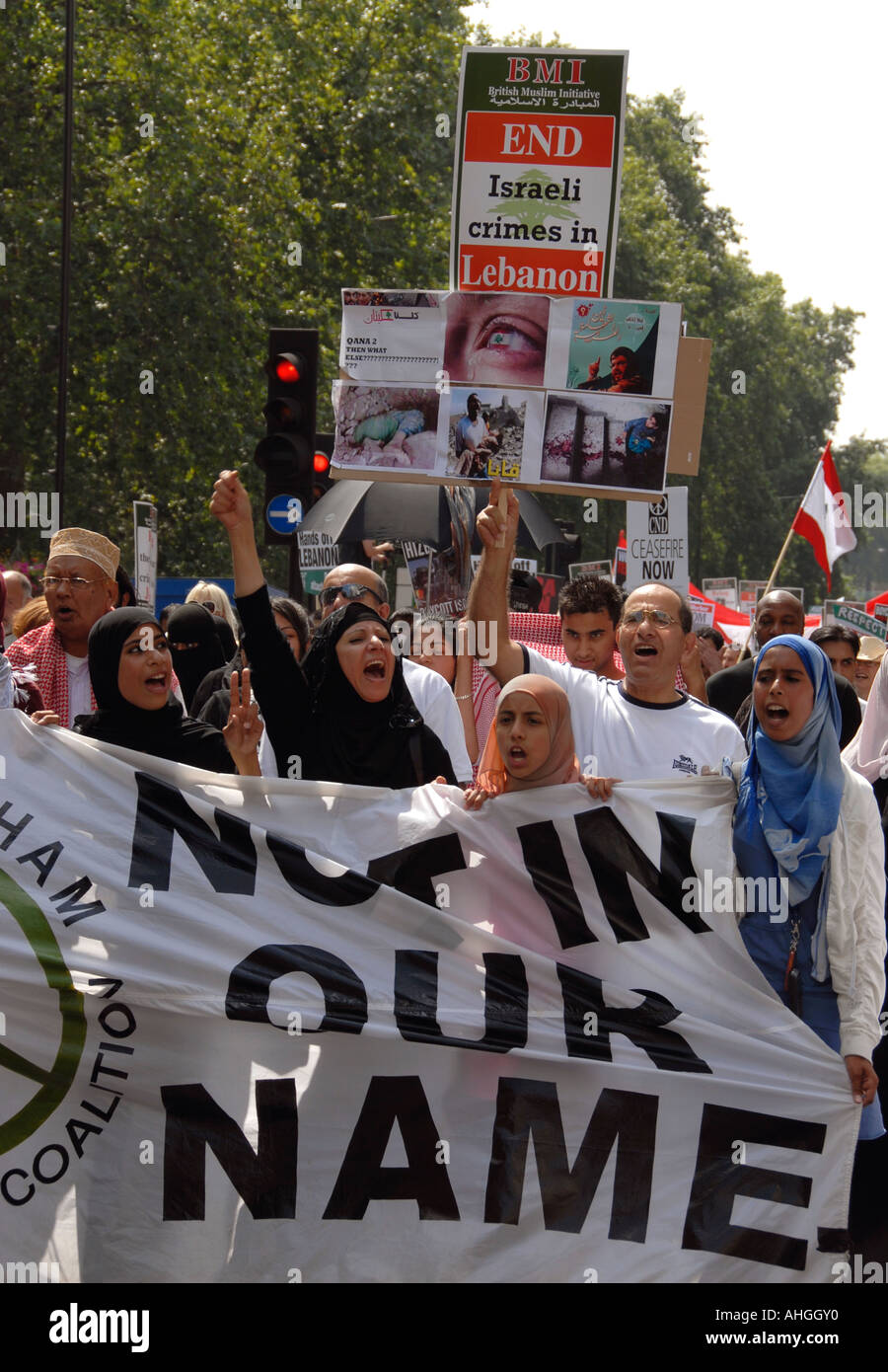 Demonstration in London of about 100,000 people protesting Israeli attack on Lebanon on August 5 2006. Stock Photo