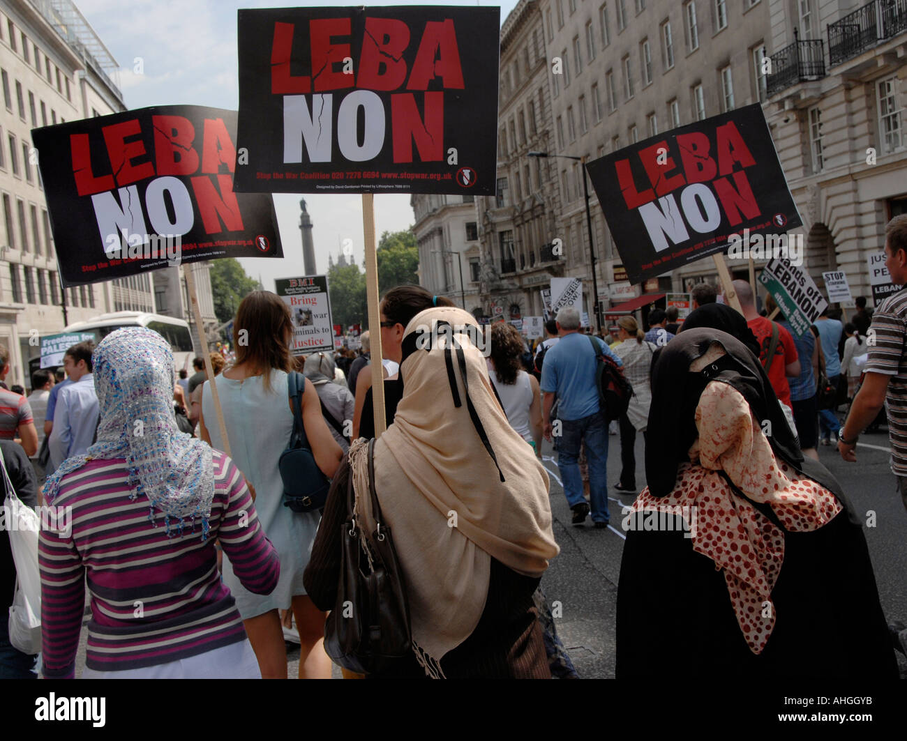 Demonstration in London of about 100,000 people protesting Israeli attack on Lebanon on August 5 2006. Stock Photo