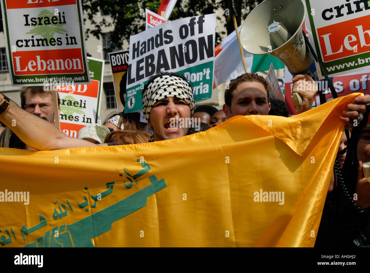 Demonstration outside Downing Street London of about 100,000 people protesting Israeli attack on Lebanon on August 5 2006. Stock Photo