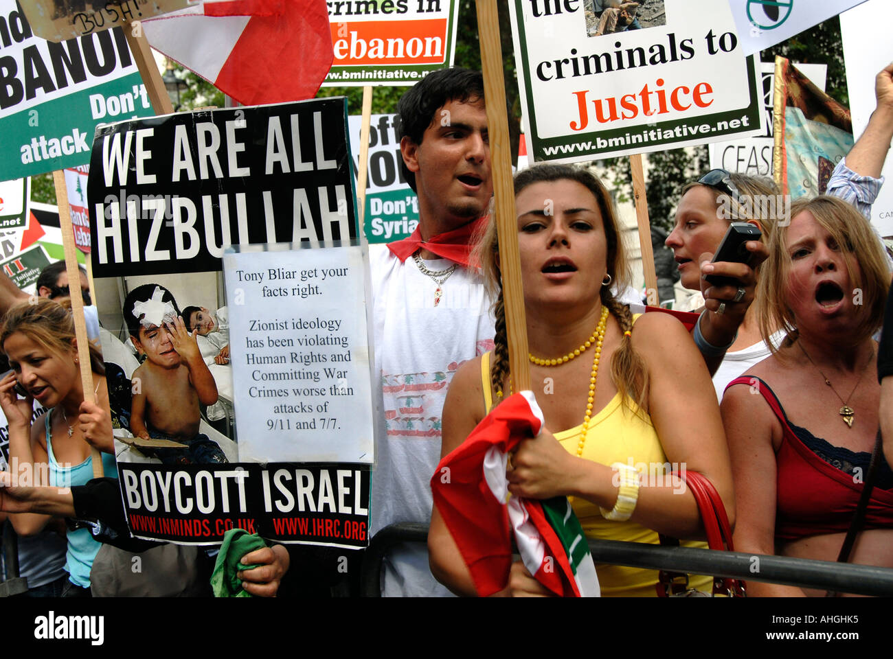 Demonstration outside Downing Street London of about 100,000 people protesting Israeli attack on Lebanon on August 5 2006. Stock Photo