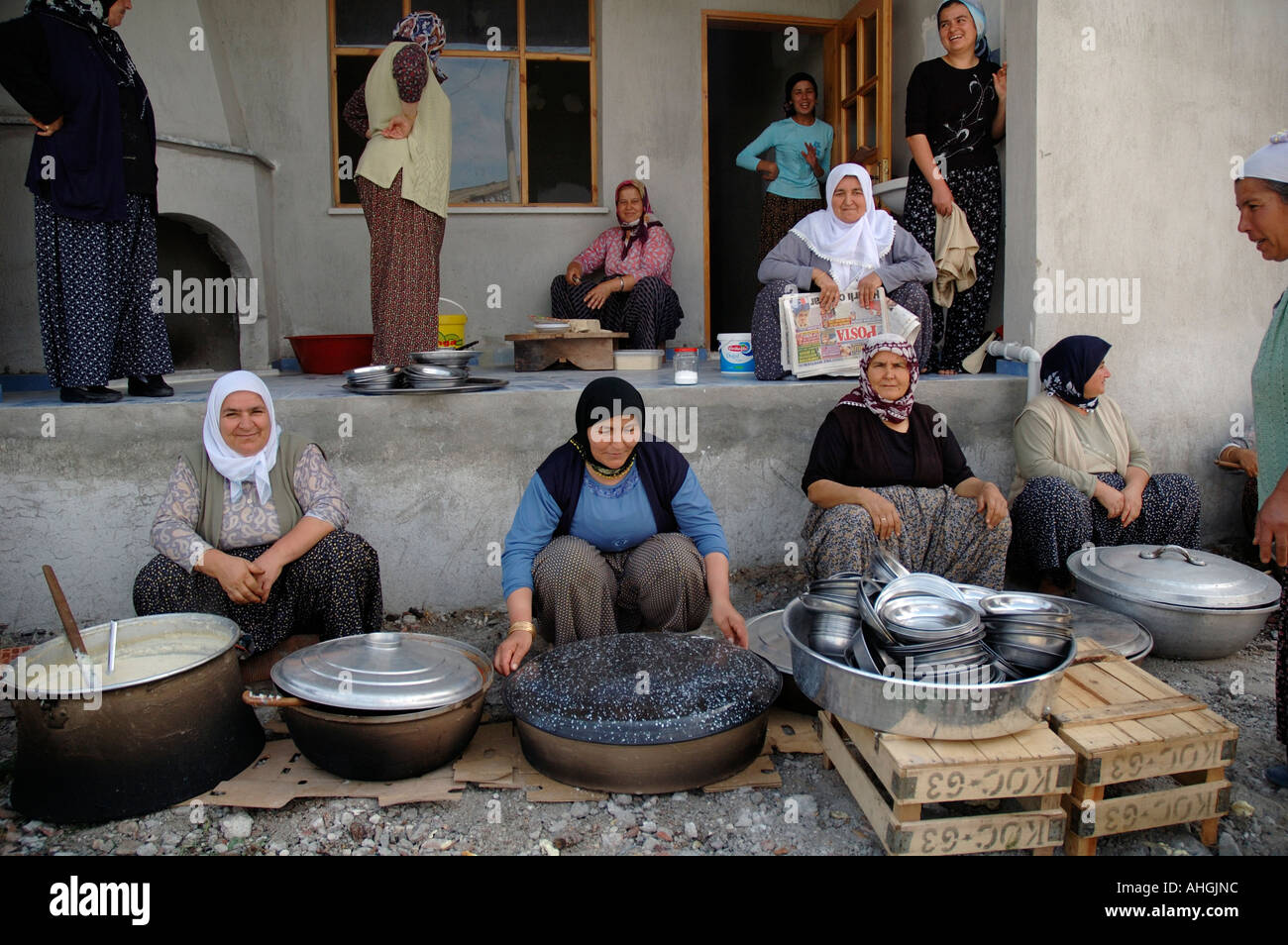 Traditional celebration food meal for worker's son joining the forces Agricultural workers in small town of Yesilkoy Stock Photo