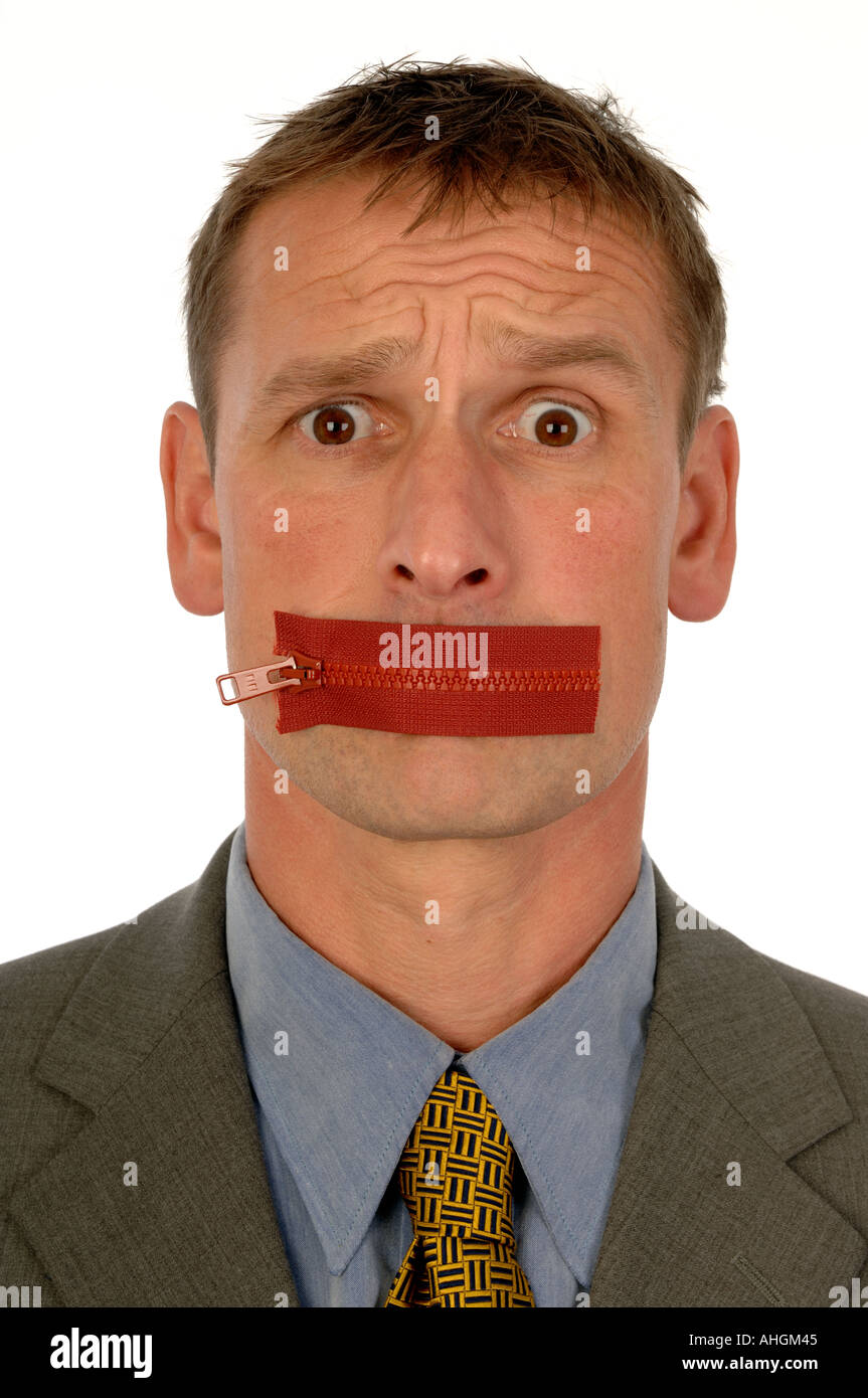 Man with a zip across his mouth Stock Photo Alamy