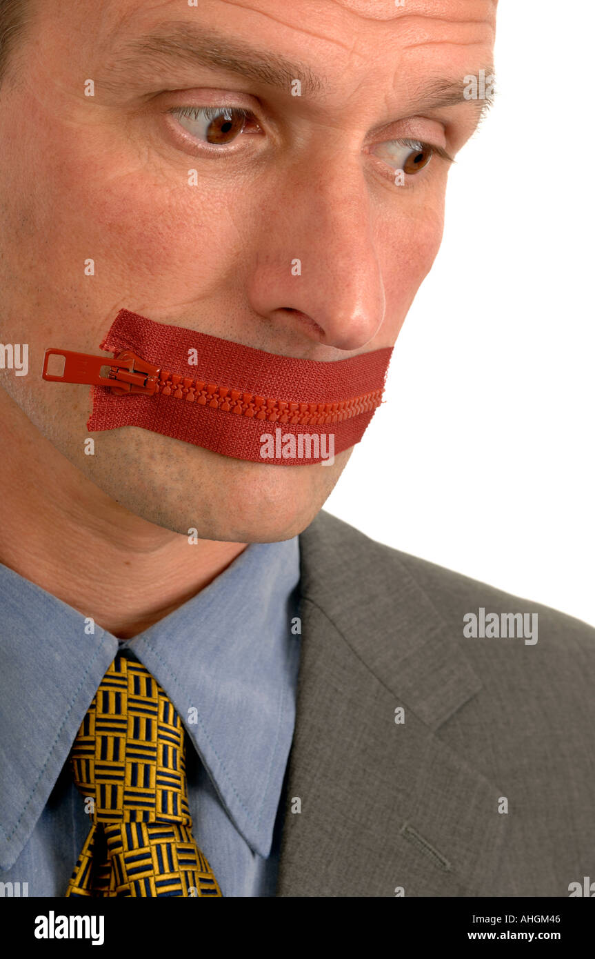 Man with a zip across his mouth Stock Photo Alamy